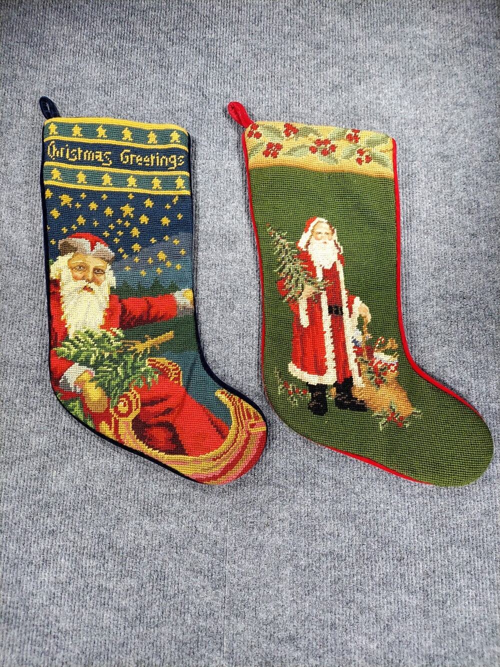 Vintage 1991 Imperial Elegance Needlepoint Christmas Stocking Set 2 Santa Wool